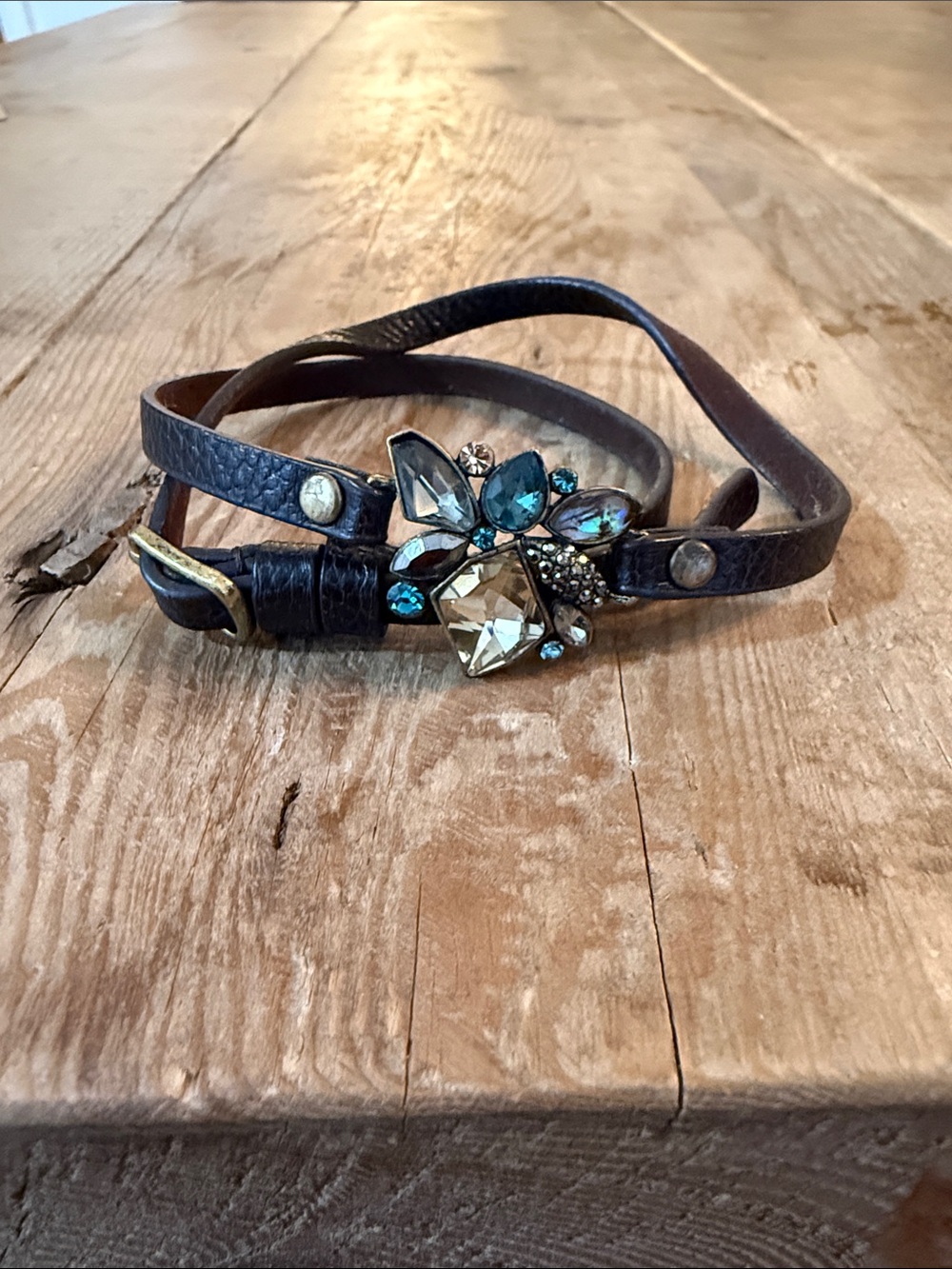 Chloe + Isabel Brown Leather Wrap Bracelet with Blue and Champagne Crystals - Picture 2 of 8